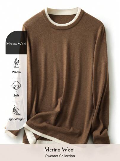 Women's Crew Neck Merino Wool T Shirt Fall Classic Vintage Cable Warm Long Sleeve Knit Tops