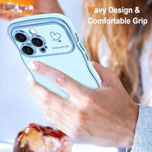 For IPhone 14 Pro Max Case Wave Wavy Phone Cases With Love Heart, Luxury Plating Edge Cute Curly Shape Cover For Women Girls, Thin Slim Soft TPU Rubber Shockproof Protective Cover, Light Blue{"Color_name":"LightBlue","Size_name":"ForiPhone14ProMax-6.7inch"} - 多色2 - 查看 3