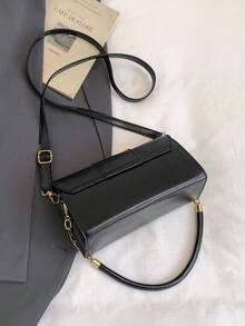 Nueva bolsa cuadrada pequeña con hebilla de cuero, bolso de hombro y cruzado minimalista de moda para mujer, bolso de cierre con candado para debajo del brazo, elegante y versátil bolso de mano para dama - Negro - Ver 10