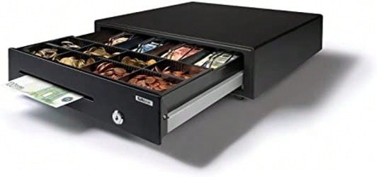 Safescan Cajón portamonedas uso normal SD-4141 para el efectivo, Caja registradora con 4 apartados para billetes y 8 para monedas, Caja dinero con conexión RJ-12-Cajón portamonedas 41x41,5x11,5 cm