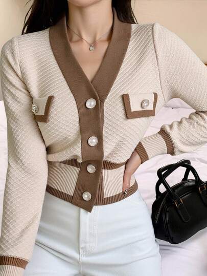 DAZY Women's Autumn Contrast Color Long Sleeve Button Design Casual Business Cardigan,Ladies Spring/Fall Casual Button Regular Sleeve V Neck Regular Fit Multicolor Colorblock Women Cardigans,Casual Daily Wear,Long Sleeve Tops