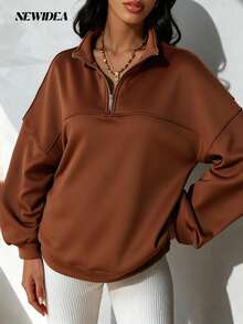 Women's Brown Quarter Zip Fleece Pullover Sweatshirt With Long Sleeves And Collar, Cozy Casual Relaxed Fit Top For Fall Winter Streetwear, Loungewear, And Daily Outfits – Soft Warm Plush Fabric Minimalist Y2K Chic Style