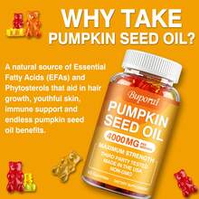 BUPORAI Gomitas de aceite de semilla de calabaza: antioxidantes, favorecen la salud de la próstata y del sistema inmunitario, promueven el crecimiento del cabello y controlan la vejiga. Sin OMG (60 unidades). - 60 gomitas - Ver 6