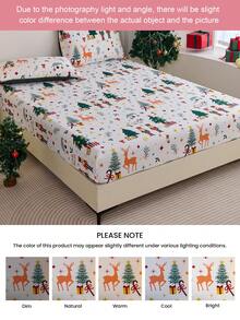 1pc Christmas Tree & Reindeer Print Fitted Sheet, Fits Mattress Depth 9" To 12", Soft, Wrinkle-Free, Breathable, Fits Various Bed Sizes, Machine Washable. Fashionable Christmas Decor Fitted Sheet, Essential For Bedroom & Dorm, Oeko-Tex Certified