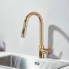Kitchen Faucet 360° Rotating Pull-Out Faucet 2 Water Flow Modes Hot & Cold Mixing Faucet - 金色 - 查看 6