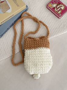 1 pieza Bolso bandolera de punto con diseño de dibujos animados de moda para otoño/invierno, bolso de hombro mini hecho a mano con parches y colores contrastantes, adecuado para atuendos diarios, fiestas, regalo de cumpleaños