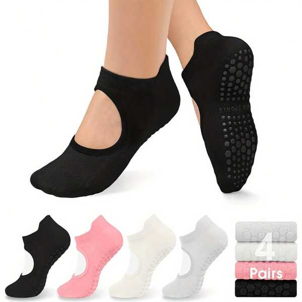 4 Pairs Of Women's Non-Pilates Yoga Socks - Open Toe Athletic Socks With Arch Support, Breathable, Suitable For Sports, Ballet - Available In A Variety Of Colors For All Seasons (Black/Beige/Pink/Purple/Green), Pilates Grip Socks, Ballet Accessory, Textured Grip Sole A Gift