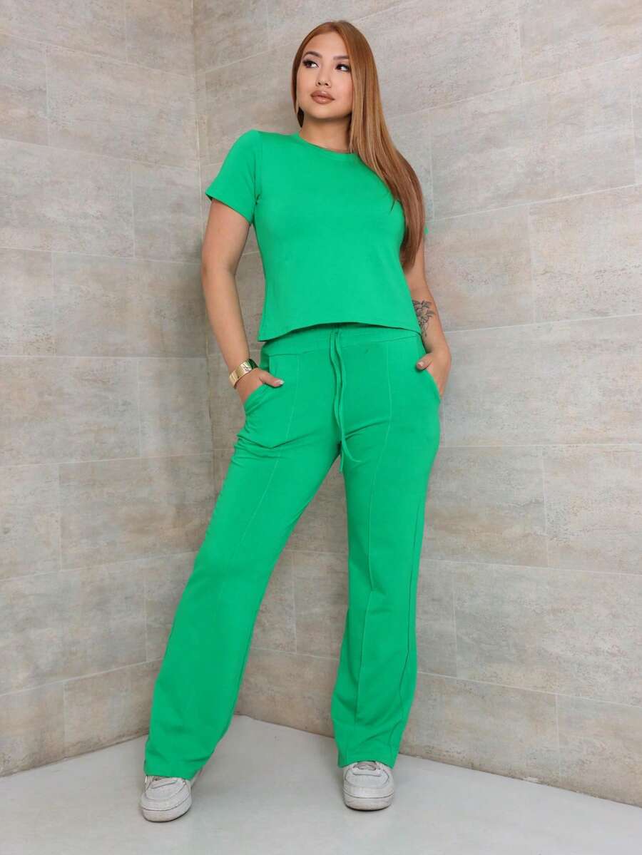 Women's Set Of Wide Leg Pants And Comfortable Sweatshirt Top Summer - 綠色 - 查看 1
