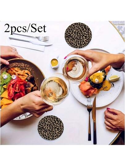 2pcs/Set Fashionable Round Leopard Print Coasters, Heat-Resistant Silicone Material, Suitable For Cafe, Car, Office Desk, Bar