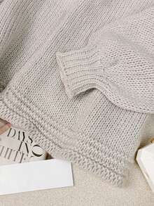 Áo khoác cardigan dáng rộng hở trước màu trơn thanh lịch dành cho nữ, vai trễ và tay bồng, áo khoác len dệt kim polyester có gân, thích hợp mặc hàng ngày và hẹn hò vào mùa thu/đông - Màu xám bạc - Xem 6