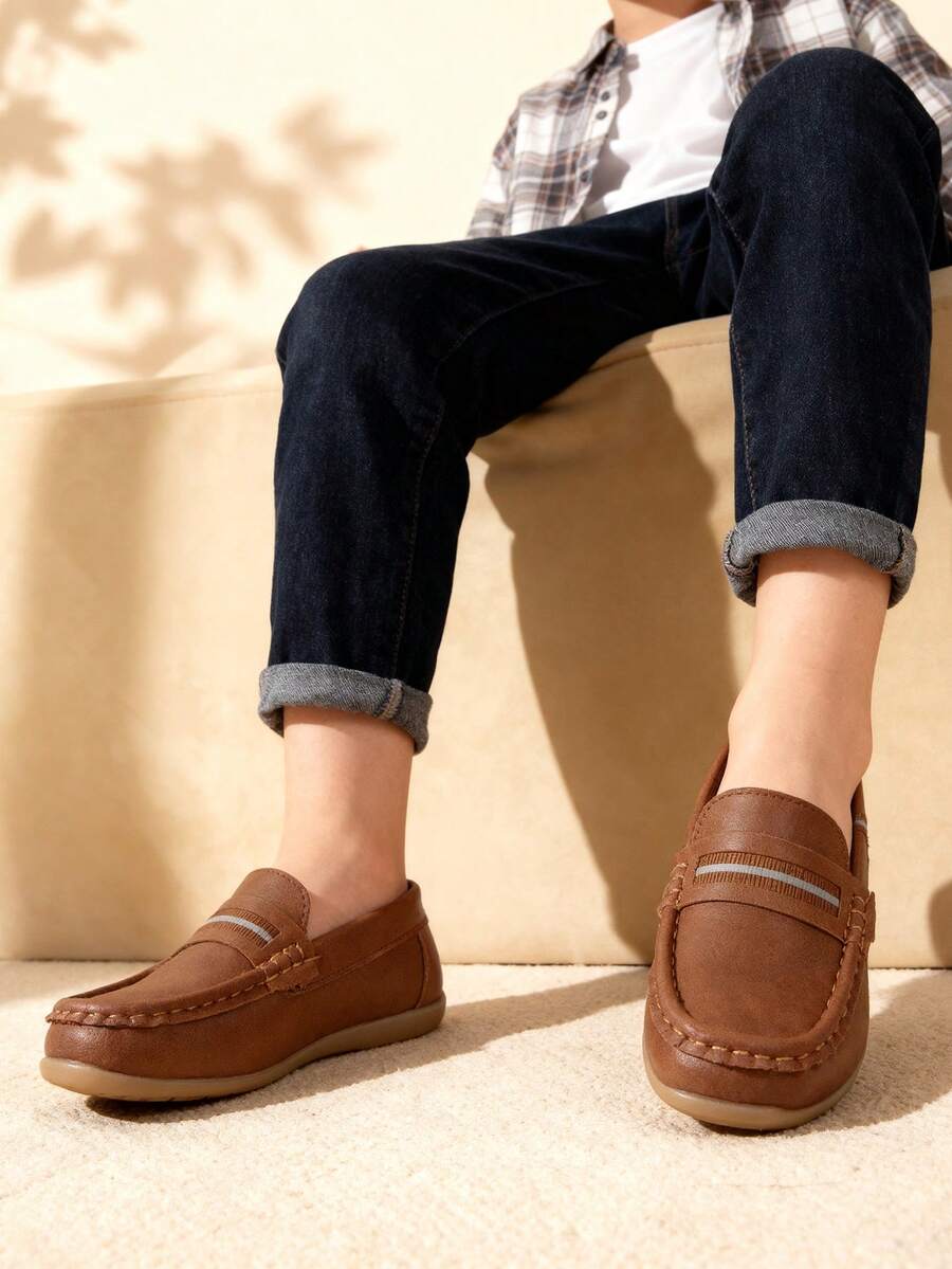 2025新款英伦风儿童休闲百搭软底一脚蹬乐福鞋，带编织带 - 鏽棕色 - 查看 1