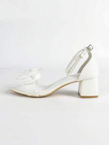 Damen Perlen Kette Schleife Dekor Satin weiße Plateau 5cm Absatz Sandalen, vielseitig für verschiedene Anlässe, Sommer