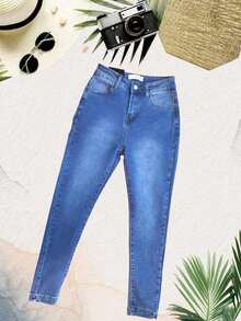 Vaqueros ajustados con push up en forma de corazon de mezclilla azul de cintura alta para mujer con bolsillos, casuales y bonitos, de largo largo, ligeramente elásticos. - Azul lavado medio - Ver 4