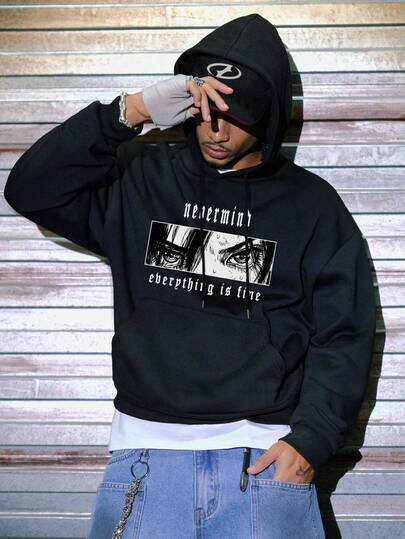 Zrgoth 男士连帽衫，美式街头风个性化卡通人物印花抓绒套头卫衣，秋冬款