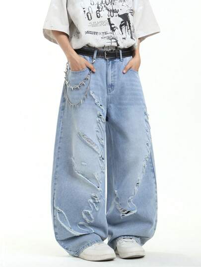 1 pieza Pantalones vaqueros de pierna ancha con corte láser y desgastados de Hearty Haven para hombres, pantalones casuales sueltos y cómodos, versátiles para todas las estaciones (No incluye cinturón ni accesorios)