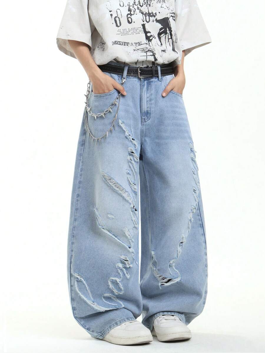 1 chiếc quần jeans ống rộng rách laser hiệu Hearty Haven dành cho nam, kiểu dáng thời trang, thoải mái, phù hợp cho mọi mùa (Không bao gồm thắt lưng hoặc phụ kiện) - Rửa nhẹ - Xem 1