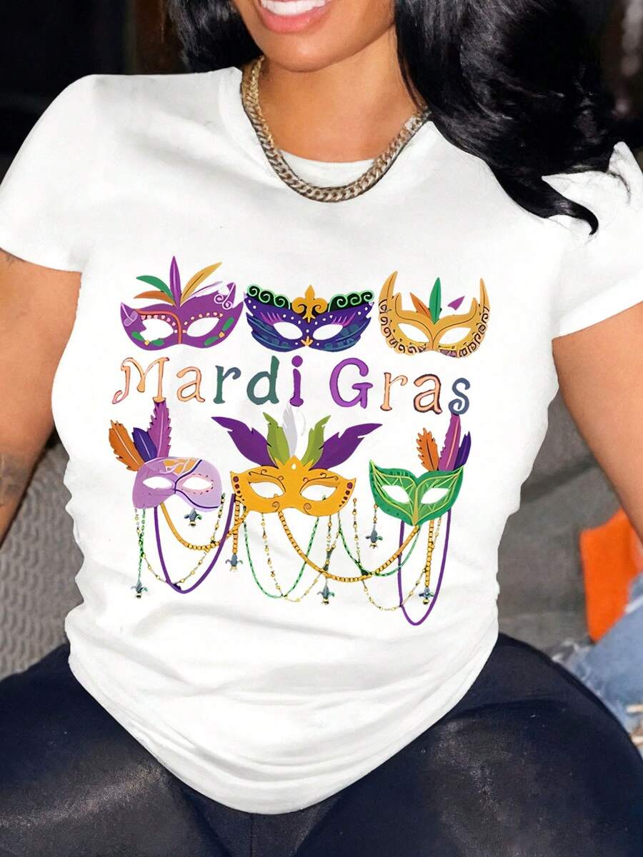 Oversized Women's Mardi Gras T-Shirt With Colorful Mask Print And Mardi Gras Text, Perfect For Festivals And Celebrations, Fast Arrival - 白色 - 查看 1