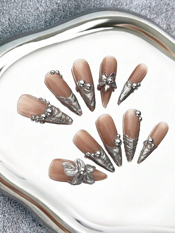 10 Peças Unhas Postiças Stiletto Francesas Feitas à Mão com Encantos de Pérola e Flor, Ombré em Pó Espelhado, Padrões Artísticos Pintados à Mão e Designs Florais 3D - Unhas Artificiais Brilhantes de Cobertura Total DIY para Datas, Festas, Viagens, Compras, Passeios, Feriados, Reuniões, Trabalho e Eventos Especiais