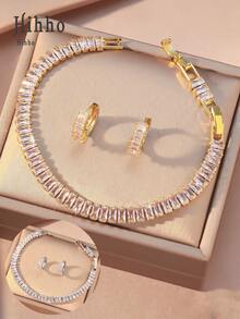 Hihho 3pcs Cubic Zirconia Wedding Jewelry Set, Bridal Cubic Zirconia Tennis Bracelet, Women Jewelry Set