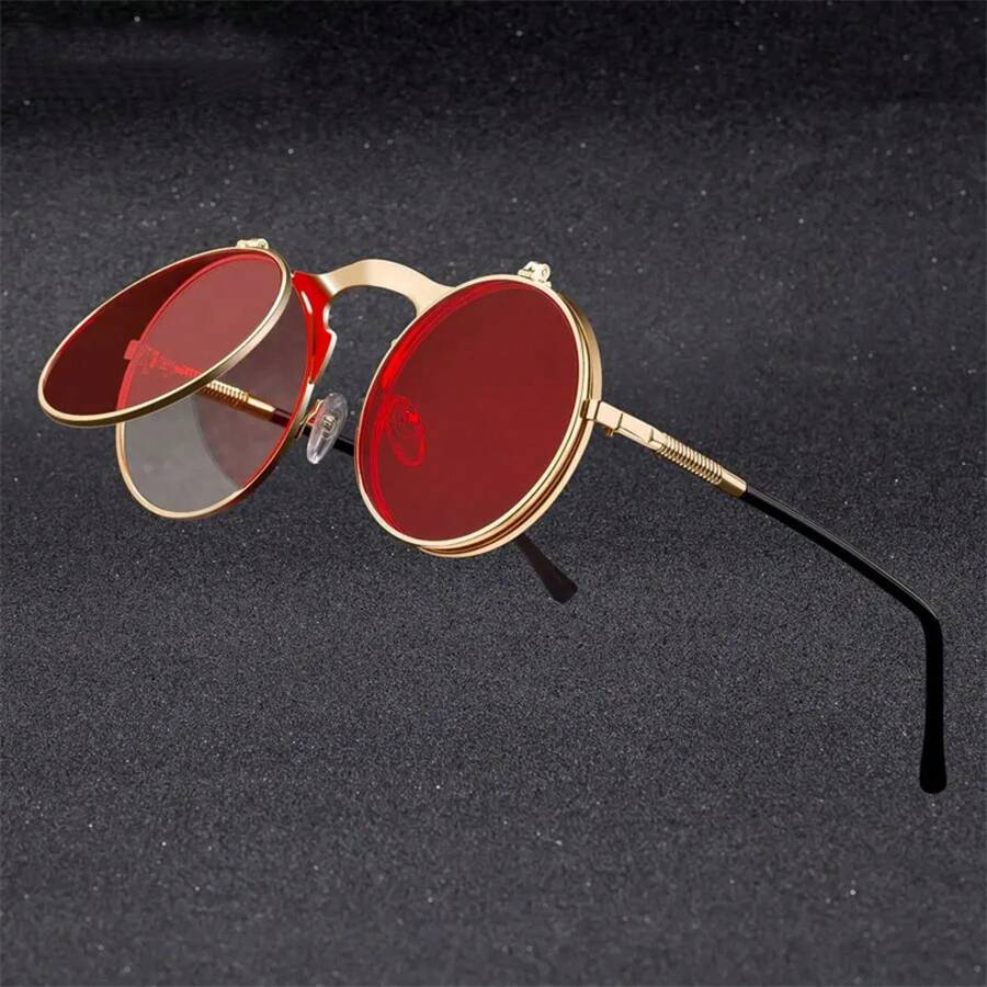 1 Piece Steampunk Flip Round Metal Frame Fashion Glasses Unisex - Vintage Gold Tone, Decorative Lenses, Durable Hinge, Casual Style Suitable Daily Wear, Fashion Accessories| Steampunk Glasses| Metal Frame Glasses - đen đỏ - Xem 1