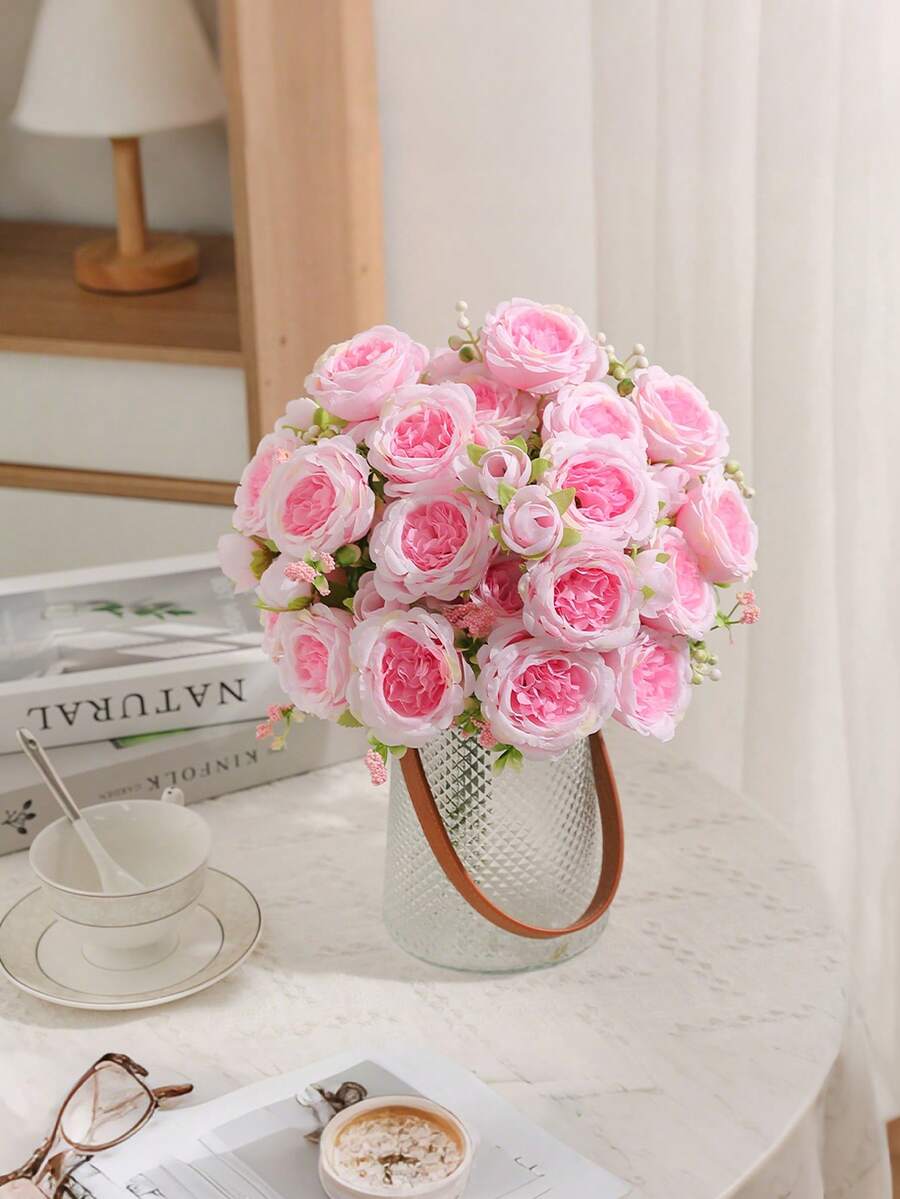 Einfache und elegante künstliche Blumen, gefälschte Pfingstrosen, künstliche Pfingstrosen, simulierter Rosenstrauß, grüne Pflanzen, Heimdekoration für Hochzeiten, Ornamente