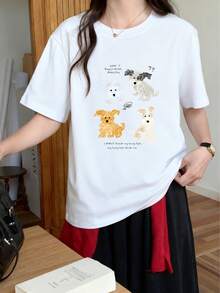 Japanese-Style Women's Casual Round Neck Loose Fit Printed Casual Cute Short Sleeve T-Shirt For Vacation Spring/Summer - White - View 3