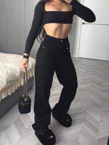 Dark Blue Denim Pants With Double Button Detail - Black - View 5