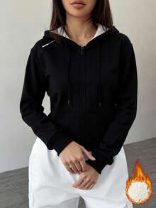 Women's Solid Color Zip-Up Fleece Hoodie, Casual Style For Autumn/Winter, Women's Sportswear Suitable For Gym And Outdoor Hiking, Essential For Back To School Season