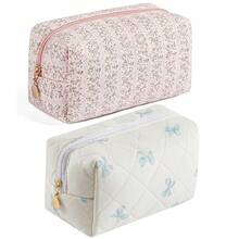 Makeup Bag Travel Cosmetic Bag For Women Girls, Zipper Make Up Pouch, Floral Flowers Toiletry Organizer Makeup, Portable Storage Cosmetic Travel Cloth Bag (Pink+Blue Bow Tie){"Color_name":"TwoPack:(Pink+BlueBowTie)"} - 兩件裝:(粉紅色+藍色領結) - 查看 1