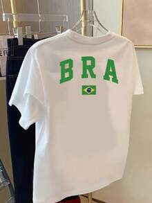 Women's Casual Brazilian Flag T-Shirt - Double Cotton Print - trắng - Xem 2