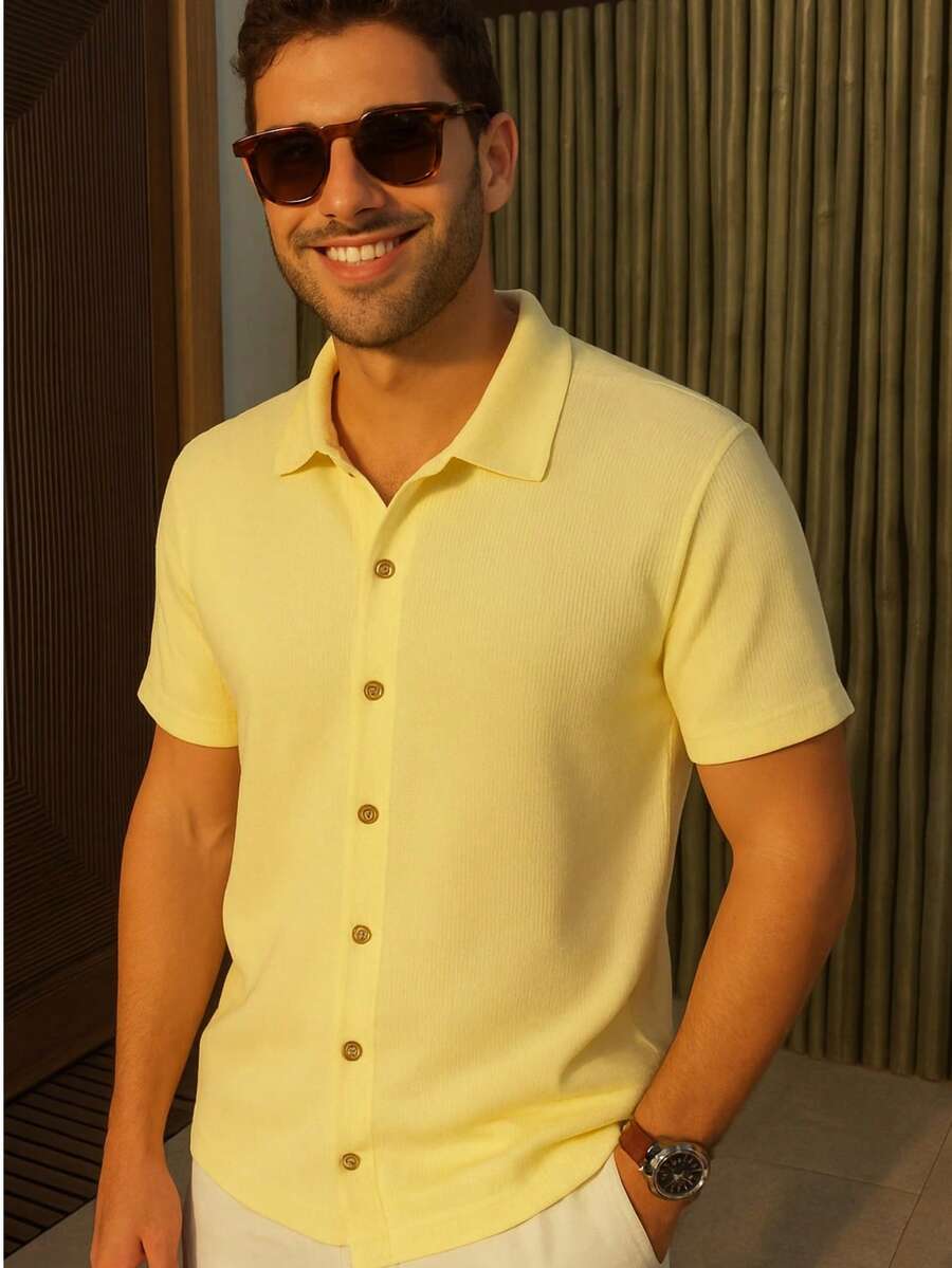 Men's Comfortable Knit Shirt Lightweight Shirt For Summer - 奶油黃 - 查看 1