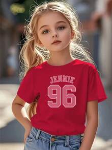 Camiseta Manga Curta Colorida Infantil Simples Casual Adequado Para Meninas Algodão Estampa De Jennie 96 Gráfica