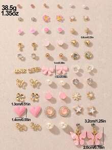 SGIAWETA-30pcs/Set Minimalist Bow, Flower, Pearl & Metal Cute Sweet Style Earrings Set Girls-Birthdaygift - Nhiều màu - Xem 5