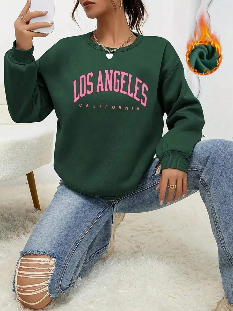Nowa bluza damska z nadrukiem Los Angeles na jesień i zimę 2025, luźna, w prostym stylu, gruba i ciepła, odpowiednia na jesień i zimę, wygodna na co dzień, modna, uliczna bluza z długim rękawem