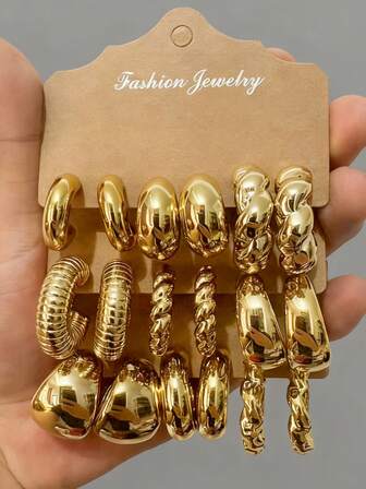 3-9 Pairs Thick Gold Tone Hoop Earrings Set, Low Allergy Thick Gold Earrings For Women