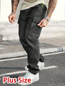 加大码男士休闲工装裤，抽绳腰带，拉链口袋 - 轻盈涤纶面料，适合春夏跑步、训练和户外活动，黑色休闲户外裤 - 黑色 - 查看 4