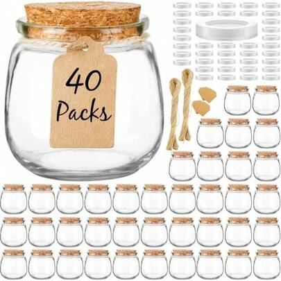 40 Pack Small Glass Jars With Cork Lids, 7oz Empty Jars Making Candles, Yogurt Container With PE Lids Wedding Favors, Shower, Candy, Spices With Twine, Labels