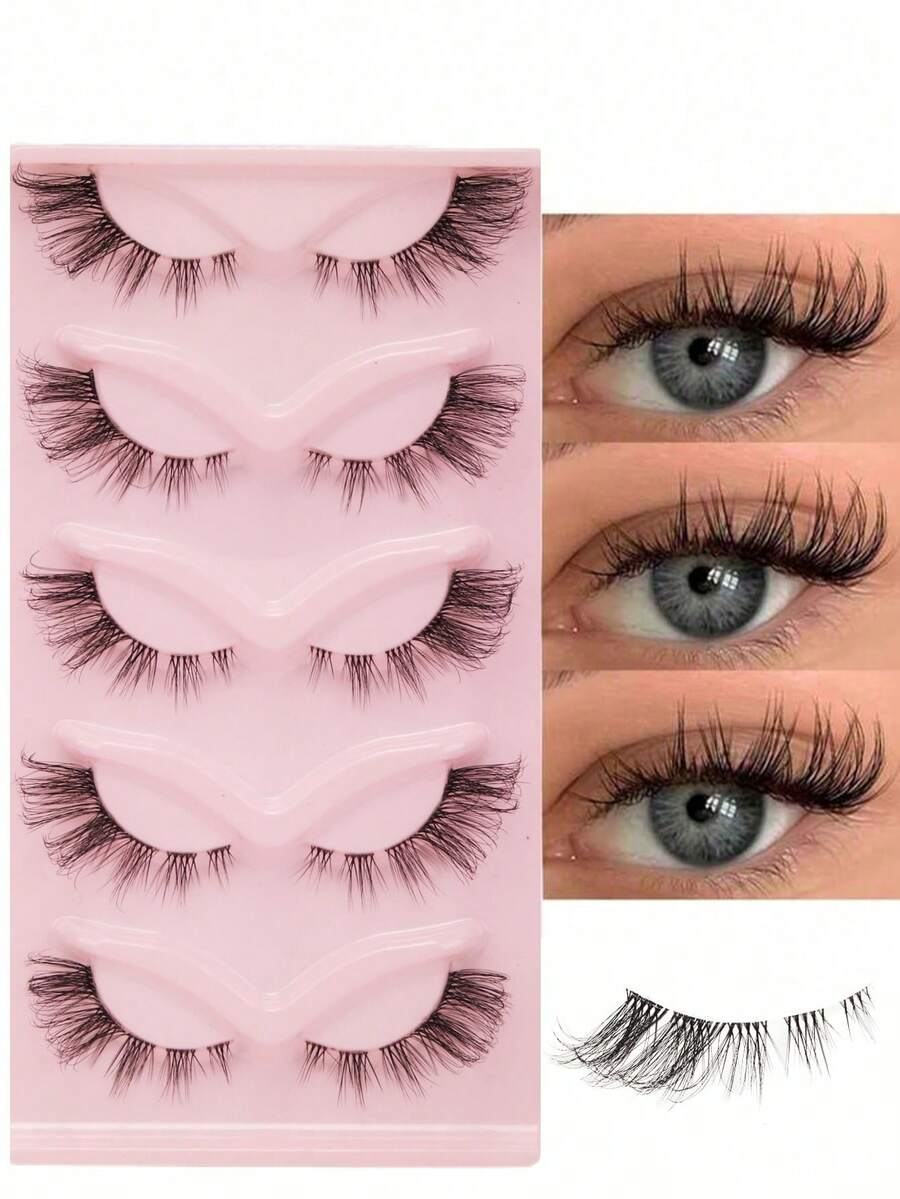 5 对猫眼假睫毛自然交叉睫毛透明带自然纤细睫毛睫毛延长化妆 - 黑色 - 查看 1