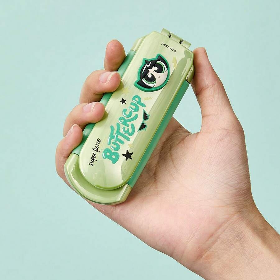 Miniso 1 pieza Espejo plegable con peine de peluche de Las Chicas Superpoderosas, compacto y portátil, hecho de plástico de alta calidad, diseño de espejo y peine en uno, muy conveniente para el maquillaje y el peinado diario - Verde - Ver 1