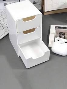 1 pieza Caja de almacenamiento de plástico blanco para escritorio, cajones de almacenamiento apilables clásicos, adecuado para artículos de oficina, joyas, cosméticos - Accesorio de escritorio que ahorra espacio, adecuado para uso en dormitorio, organizador de escritorio y cajón para almacenamiento en el hogar, divisor de partición de 3 niveles con estilo - Ideal para artículos de oficina, mercancías y almacenamiento de cosméticos - Accesorio de tablero de plástico ligero y portátil, accesorio de estantería y caja de mercancías