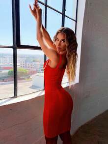 Christmas Summer Elegant Spaghetti Strap V Neck Short Bodycon Dress Women Ribbed Crystal Embellished Bandage Dress Sexy Red Night Out Cocktail Party Dress Clothes - Red - View 4