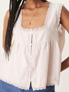 Women Tank Top, Sleeveless Tops Square Neck Lace Trim Button Closure Summer Streetwear - Pink - View 1