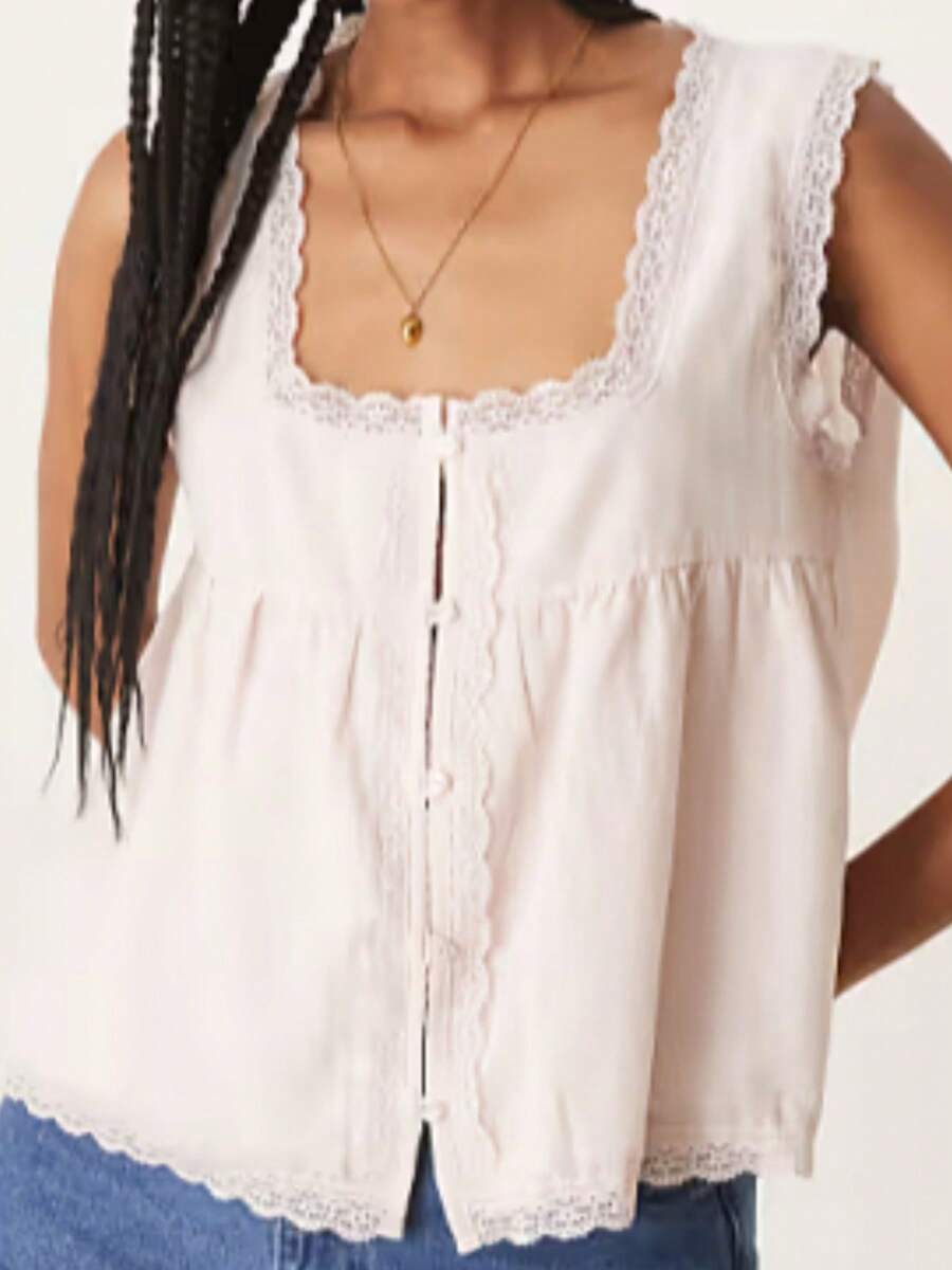 Women Tank Top, Sleeveless Tops Square Neck Lace Trim Button Closure Summer Streetwear - Pink - View 1