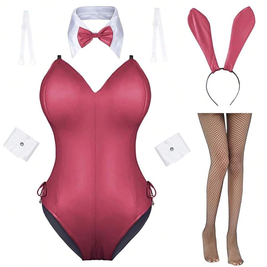 Womens Bunny Costume Girl Suit Senpai Cosplay Anime Role Costume One Piece Bodysuit Stockings Set{"Size_name":"5X-Large","Color_name":"Red-RemovablePadded"} - Có thể tháo rời màu đỏ - Xem 1