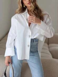 Elegant Long Solid Color Polyester Loose Fit White Shirt With Front Button & Rhinestone Decor, Suitable For Vacation In Autumn Spring - White - View 2