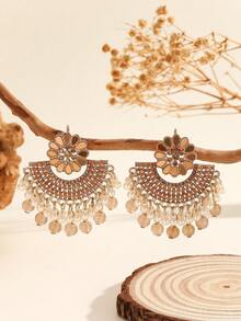 1 对优雅水钻花朵 Chand Bali 耳环，配人造珍珠、流苏和新月 Jhumka 设计，适合女士和女孩日常佩戴、节日、婚礼和派对/珠宝礼物 - Fashion - 查看 6