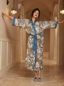 Oversized Vintage Elegant Floral Print Mid-Length Kimono Cover Up, Streetwear Fashion, Sexy Loungewear Robe, Lightweight Summer Beach Vacation Belted Robe, One-Piece Coverup, Sun Protection - Blue - View 5