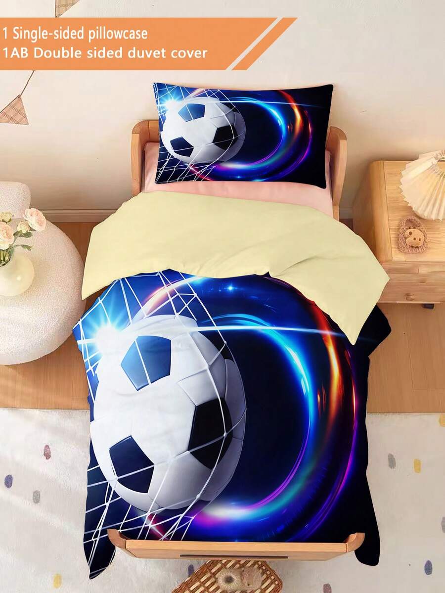 2 Stücke zweiseitig bedruckter Fußball-Bettwäsche-Set 3D-Muster Anime Cartoon Bettwäsche-Set für Jungen und Mädchen (1 einseitig bedruckter Kissenbezug + 1 zweiseitig bedruckter Bettbezug, ohne Füllmaterial), geeignet als Geschenk für Kinderzimmer, Studentenwohnheim