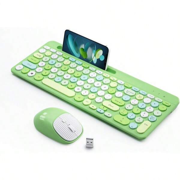 Wireless Keyboard And Mouse Combo, Retro Wireless Keyboard With Round Keycaps, 2.4GHz Full - Size Cute Wireless Keyboard Mouse Computer, Desktop, Laptop And Computer Green - Colorful