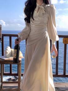 时尚新款女士优雅派对礼服缎面复古纯色别致舞会晚礼服 - 杏色 - 查看 6